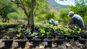 Man planting seedlings. The art of living for others.